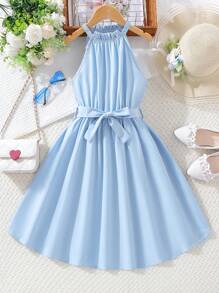 Girls Solid Belted Halter Dress - Baby Blue - View 1