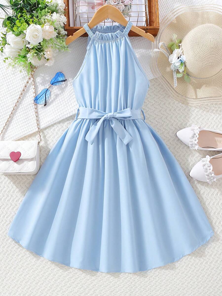 Girls Solid Belted Halter Dress - Baby Blue - View 1