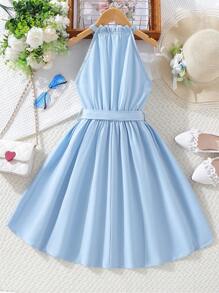 Girls Solid Belted Halter Dress - Baby Blue - View 2