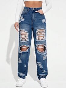 SHEIN EZwear Jeans de pierna recta de talle alto desgarro - Azul lavado oscuro - Ver 1