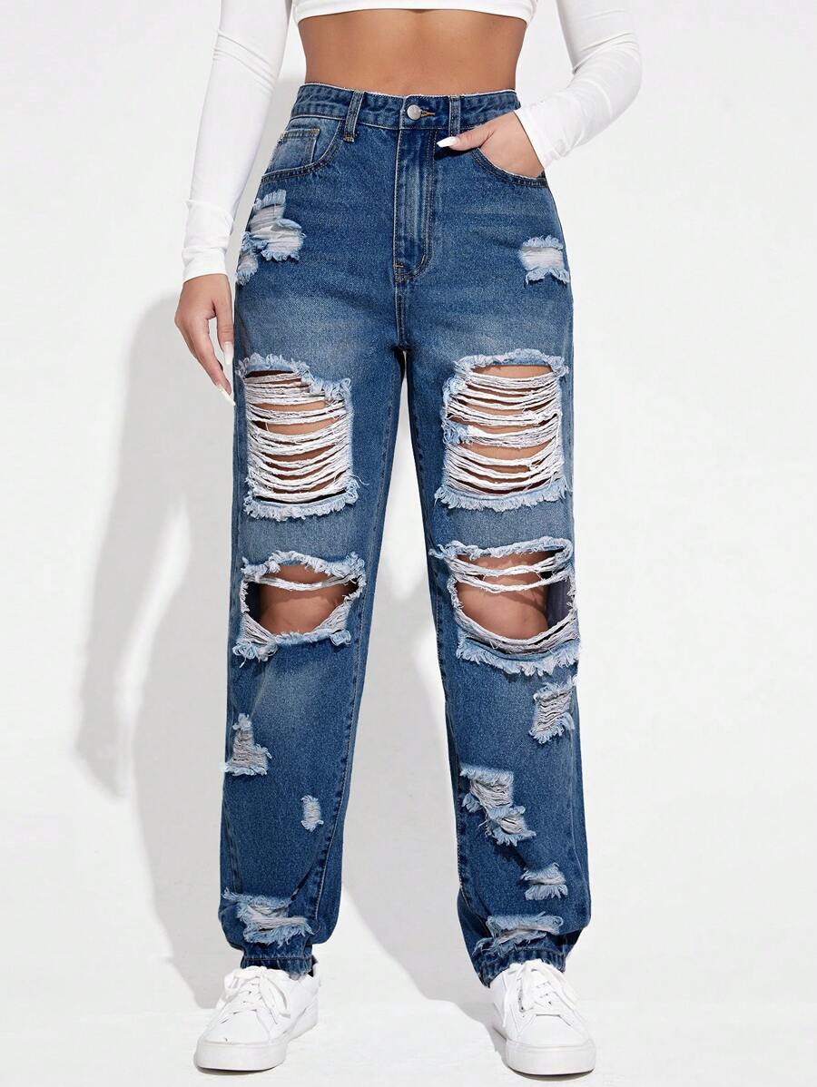 SHEIN EZwear Jeans de pierna recta de talle alto desgarro - Azul lavado oscuro - Ver 1