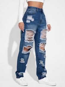 SHEIN EZwear Jeans de pierna recta de talle alto desgarro - Azul lavado oscuro - Ver 3