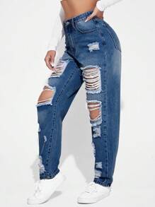 SHEIN EZwear Jeans de pierna recta de talle alto desgarro - Azul lavado oscuro - Ver 5