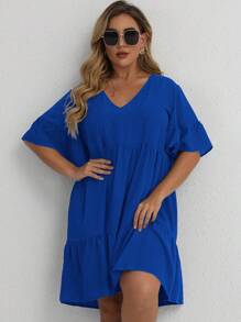 SHEIN LUNE Vestido smock unicolor de manga con volante bajo con fruncido - azul real - Ver 1
