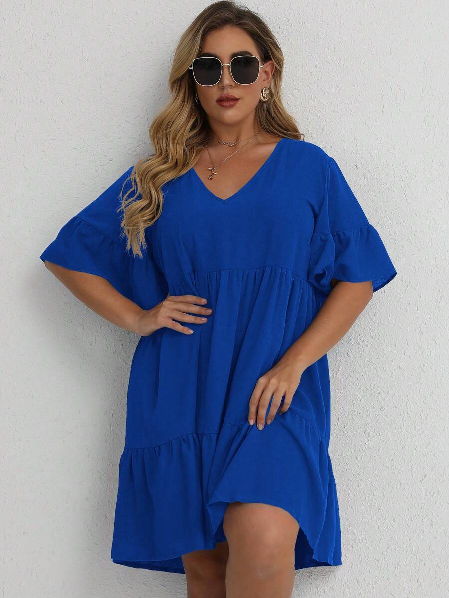 SHEIN LUNE Vestido smock unicolor de manga con volante bajo con fruncido - azul real - Ver 1