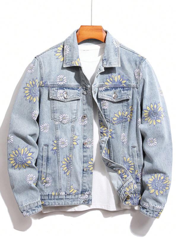 Manfinity Chillmode Men Cotton 1pc Floral Print Flap Pocket Denim Jacket SHEIN UK