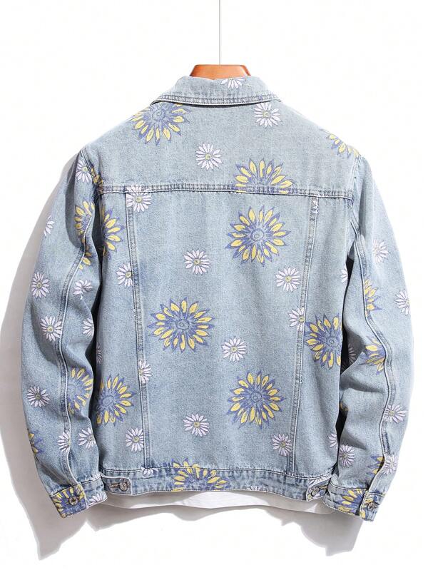Manfinity Chillmode Men Cotton 1pc Floral Print Flap Pocket Denim Jacket SHEIN UK