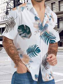 Manfinity 男士1入組熱帶圖案襯衫 - 白色 - 查看 3