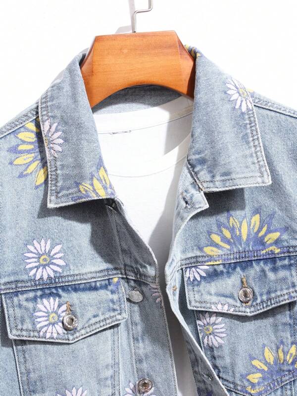 Manfinity Chillmode Men Cotton 1pc Floral Print Flap Pocket Denim Jacket SHEIN UK