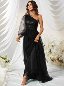 YISIKADO Đầm Tương phản Mesh ghép mộng kim sa Dây kéo màu trơn Thanh lịch - màu đen - Xem 4