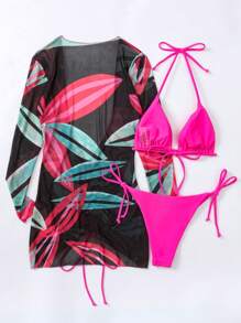 SHEIN Swim Halter Triangle Bikini Set With Tropical Print Cover Up For Summer Beach Vacation - Multicolor - View 4