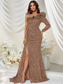 YISIKADO Đầm Xù Dây kéo Vắt Tách cao màu trơn Buổi tiệc - Rượu sâm banh - Xem 3