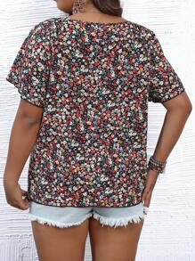 SHEIN Clasi Plus Ditsy Floral Print Tie Neck Butterfly Sleeve Blouse - Multicolor - View 2