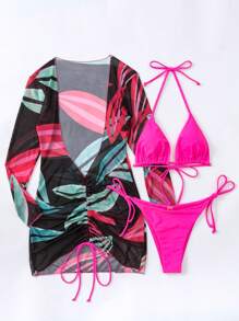 SHEIN Swim Halter Triangle Bikini Set With Tropical Print Cover Up For Summer Beach Vacation - Multicolor - View 6
