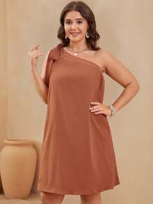 SHEIN VCAY Plus One Shoulder Knot Solid Dress - Brown - View 5