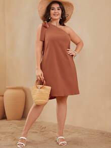 SHEIN VCAY Plus One Shoulder Knot Solid Dress - Brown - View 6