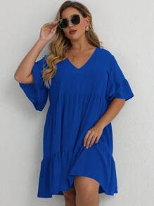 SHEIN LUNE Vestido smock unicolor de manga con volante bajo con fruncido - azul real - Ver 4