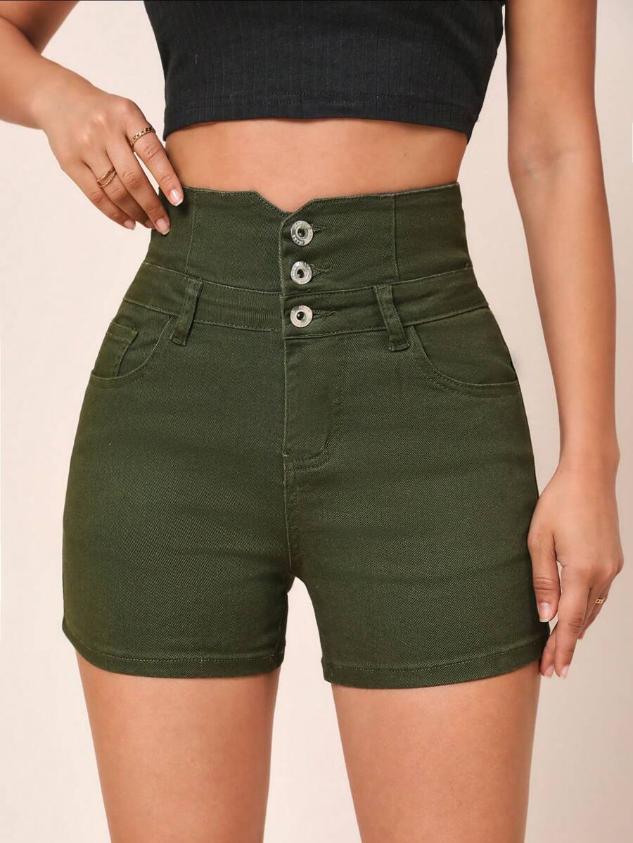 SHEIN Essnce 高腰紐扣門襟牛仔短褲 - 軍綠色 - 查看 1