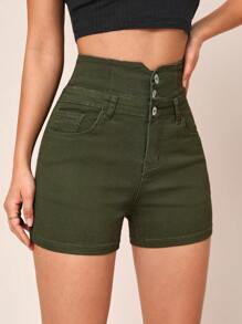 SHEIN Essnce 高腰紐扣門襟牛仔短褲 - 軍綠色 - 查看 3