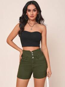 SHEIN Essnce 高腰紐扣門襟牛仔短褲 - 軍綠色 - 查看 4