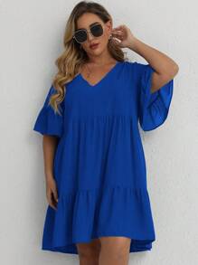 SHEIN LUNE Vestido smock unicolor de manga con volante bajo con fruncido - azul real - Ver 6