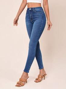 SHEIN Essnce Quần jean nữ Nút Túi Dây kéo màu trơn - Rửa trung bình - Xem 1