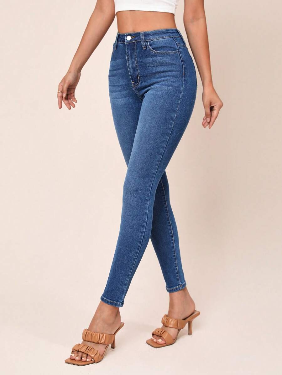 SHEIN Essnce Quần jean nữ Nút Túi Dây kéo màu trơn - Rửa trung bình - Xem 1