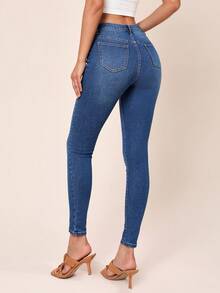 SHEIN Essnce Quần jean nữ Nút Túi Dây kéo màu trơn - Rửa trung bình - Xem 2