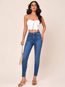 SHEIN Essnce Quần jean nữ Nút Túi Dây kéo màu trơn - Rửa trung bình - Xem 3