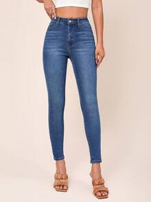 SHEIN Essnce Quần jean nữ Nút Túi Dây kéo màu trơn - Rửa trung bình - Xem 5