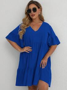 SHEIN LUNE Vestido smock unicolor de manga con volante bajo con fruncido - azul real - Ver 8