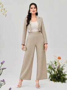 Modelyn Solid Crop Blazer & Wide Leg Trousers Without Cami Top - Khaki - View 3