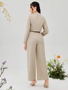 Modelyn Solid Crop Blazer & Wide Leg Trousers Without Cami Top - Khaki - View 2