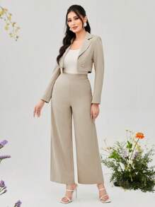 Modelyn Solid Crop Blazer & Wide Leg Trousers Without Cami Top - Khaki - View 1