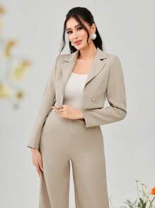 Modelyn Solid Crop Blazer & Wide Leg Trousers Without Cami Top - Khaki - View 4