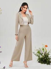Modelyn Solid Crop Blazer & Wide Leg Trousers Without Cami Top - Khaki - View 5