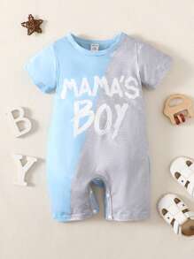 Baby Boy Summer Casual Letter Printed Double Color Patchwork Romper - Multicolor - View 2
