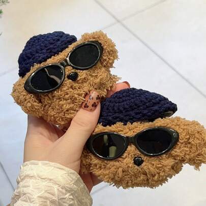 蓝色冬季风格材质蓝牙耳机保护套 1 件装 创意新款 AirPods4 毛绒海军蓝帽子棕色狗狗酷炫眼镜狗狗耳机保护套 AirPodsPro 泰迪狗 Apple 1/2 亲肤 AirPodsPro（第二代）无线蓝牙耳机保护套，多色兼容 Apple 生日礼物派对