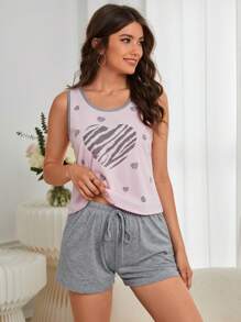 Heart Print Tank Top & Knot Front Shorts PJ Set / Pajama Set
