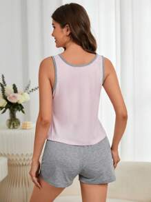 Heart Print Tank Top & Knot Front Shorts PJ Set / Pajama Set