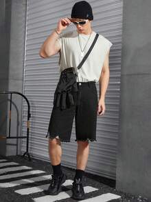 Manfinity EMRG Men Ripped Raw Hem Bermuda Denim Shorts - Dark Grey - View 4