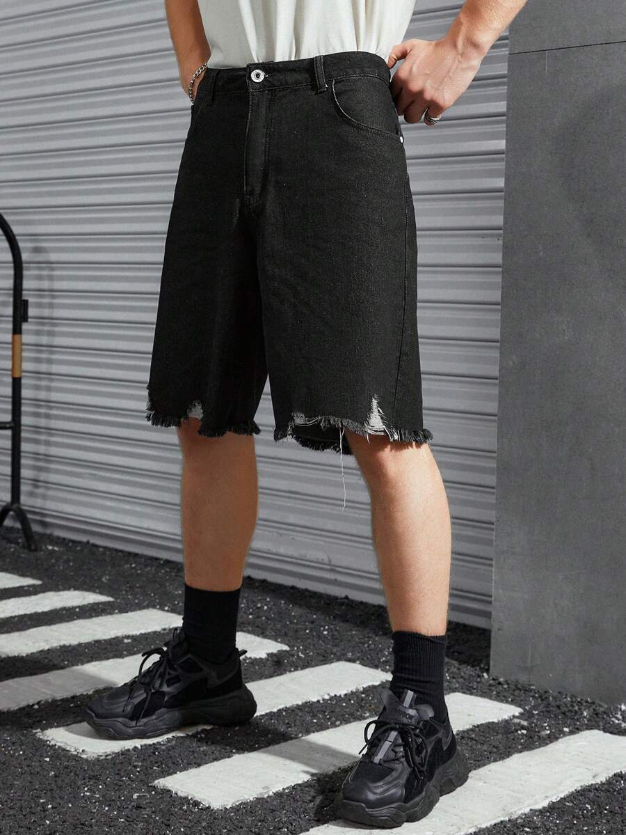 Manfinity EMRG Men Ripped Raw Hem Bermuda Denim Shorts - Dark Grey - View 1