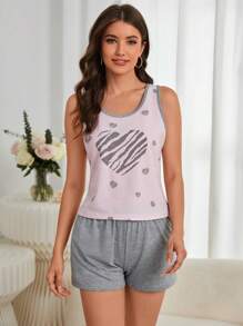 Heart Print Tank Top & Knot Front Shorts PJ Set / Pajama Set