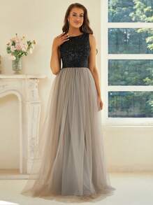 Missord Contrast Sequin Mesh Overlay Formal Dress - Black - View 3