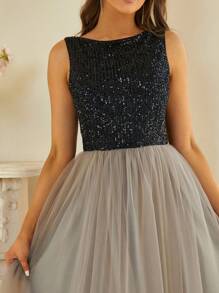 Missord Contrast Sequin Mesh Overlay Formal Dress - Black - View 4