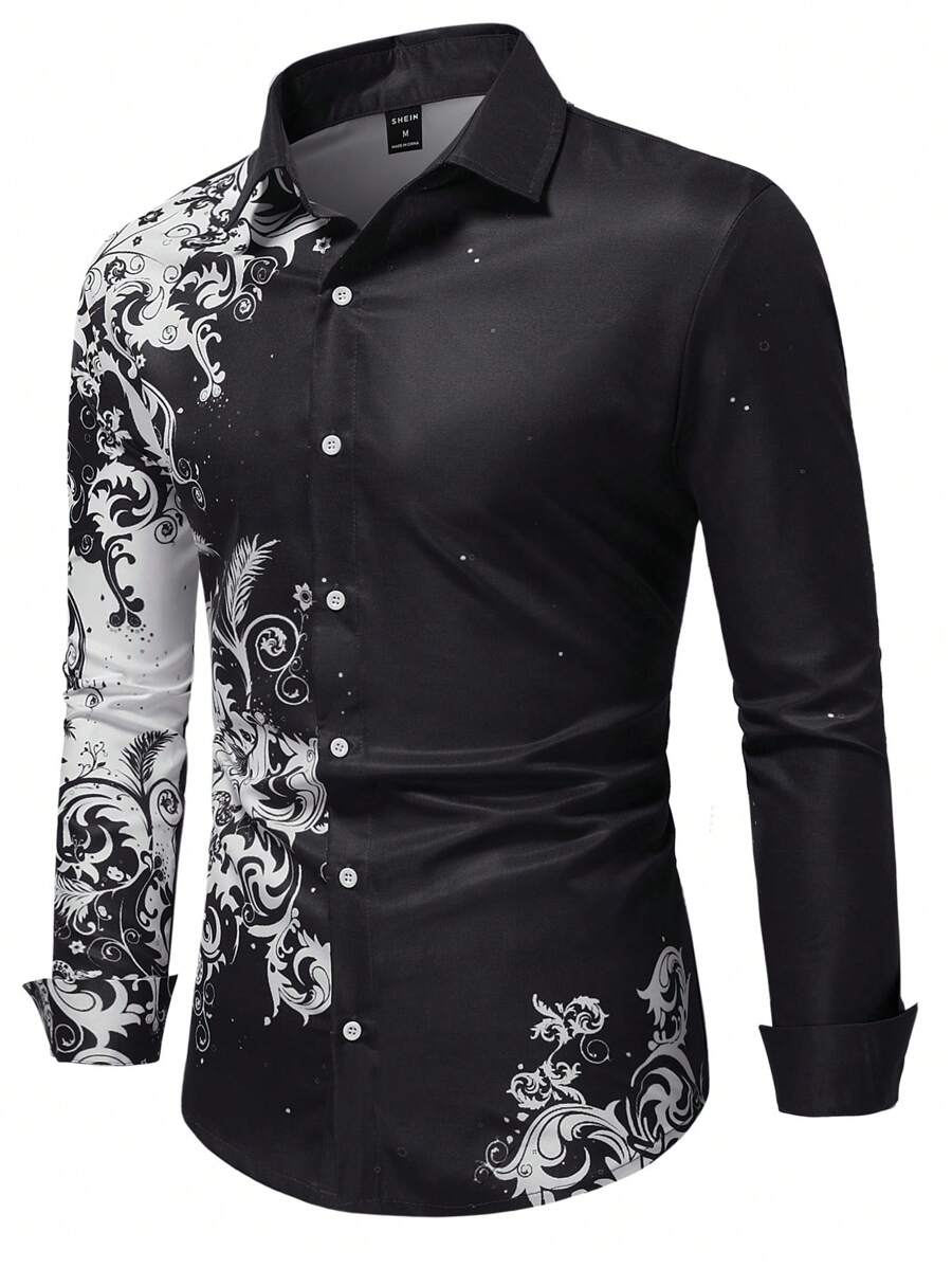 Manfinity AFTRDRK Men Floral Print Button Up Shirt, Fall , Long Sleeve Top
