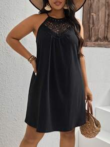SHEIN LUNE Plus Contrast Guipure Lace Halter Neck Dress, Summer - Black - View 1
