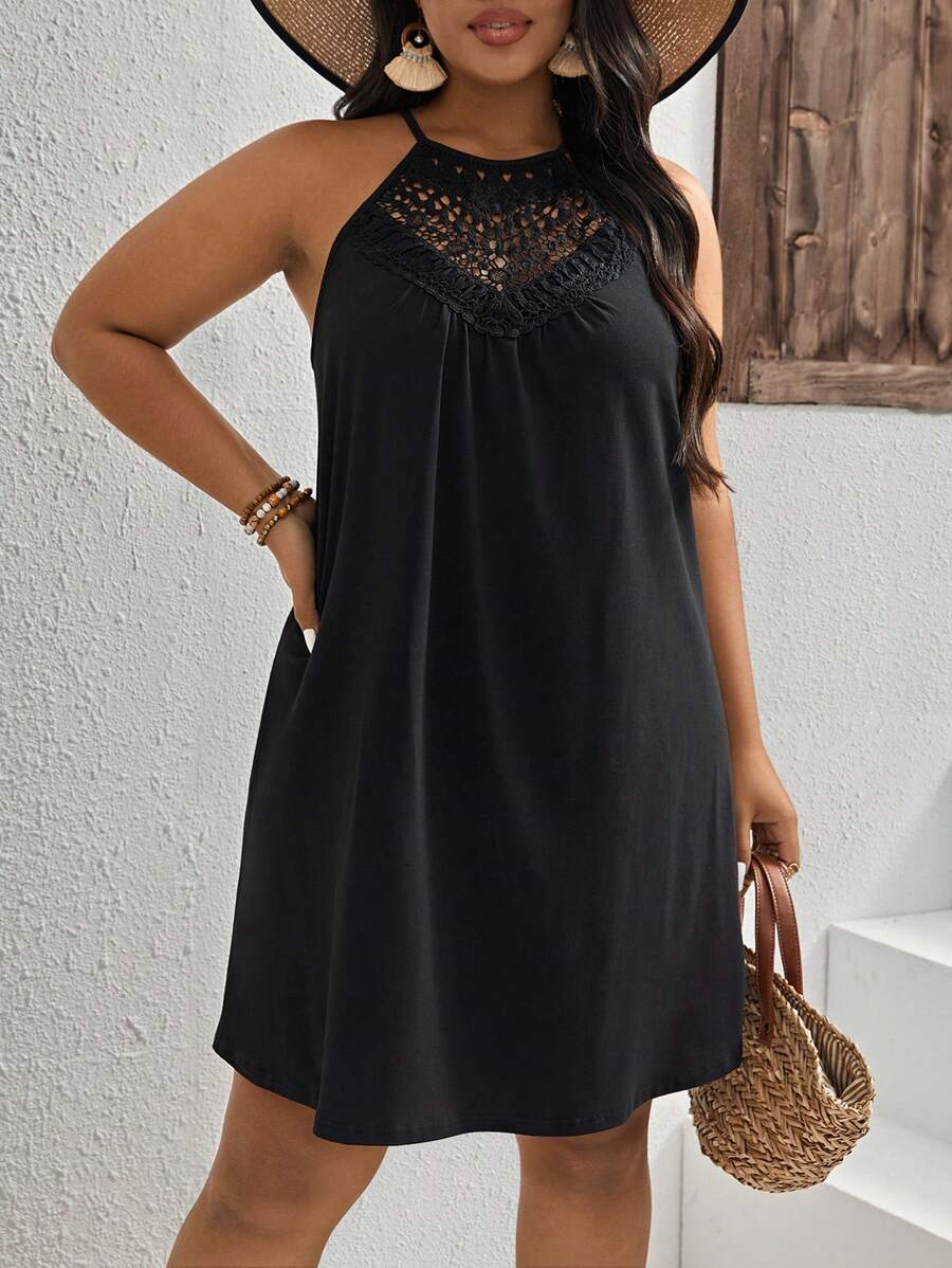 SHEIN LUNE Plus Contrast Guipure Lace Halter Neck Dress, Summer - Black - View 1