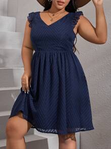 Dreamara Plus Tie Backless Ruffle Trim Cut Out Waist Dress - Navy Blue - View 5