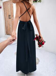 SHEIN LUNE Solid Backless Cami Dress - Navy Blue - View 2